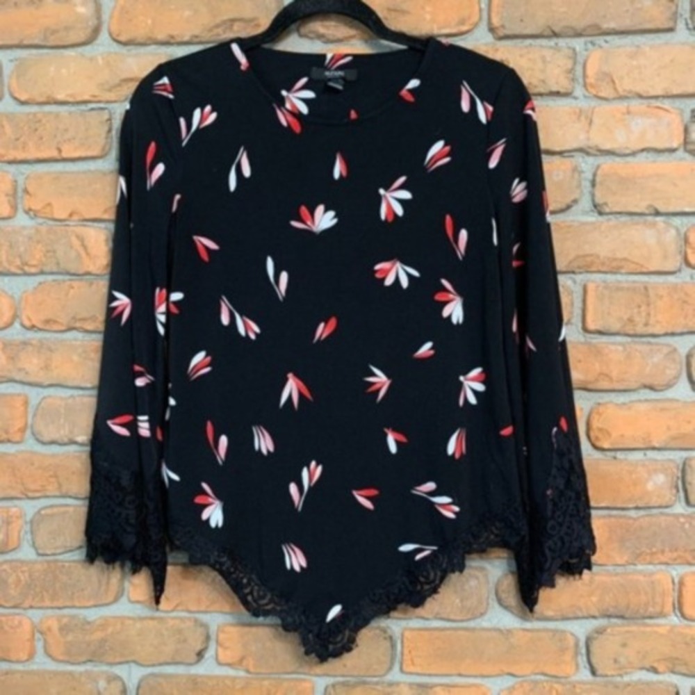 Alfani Petite Floral Print Top Lace Trim Bell Sleeve Blouse Womens Size Small